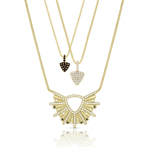 with our triangle pendant necklaces;<br>come in two sizes, arrays of colors <span class='visuallyhidden'>Contact the Beverly Hills store at 323-404-2959 or through this website for shopping assistance.</span>